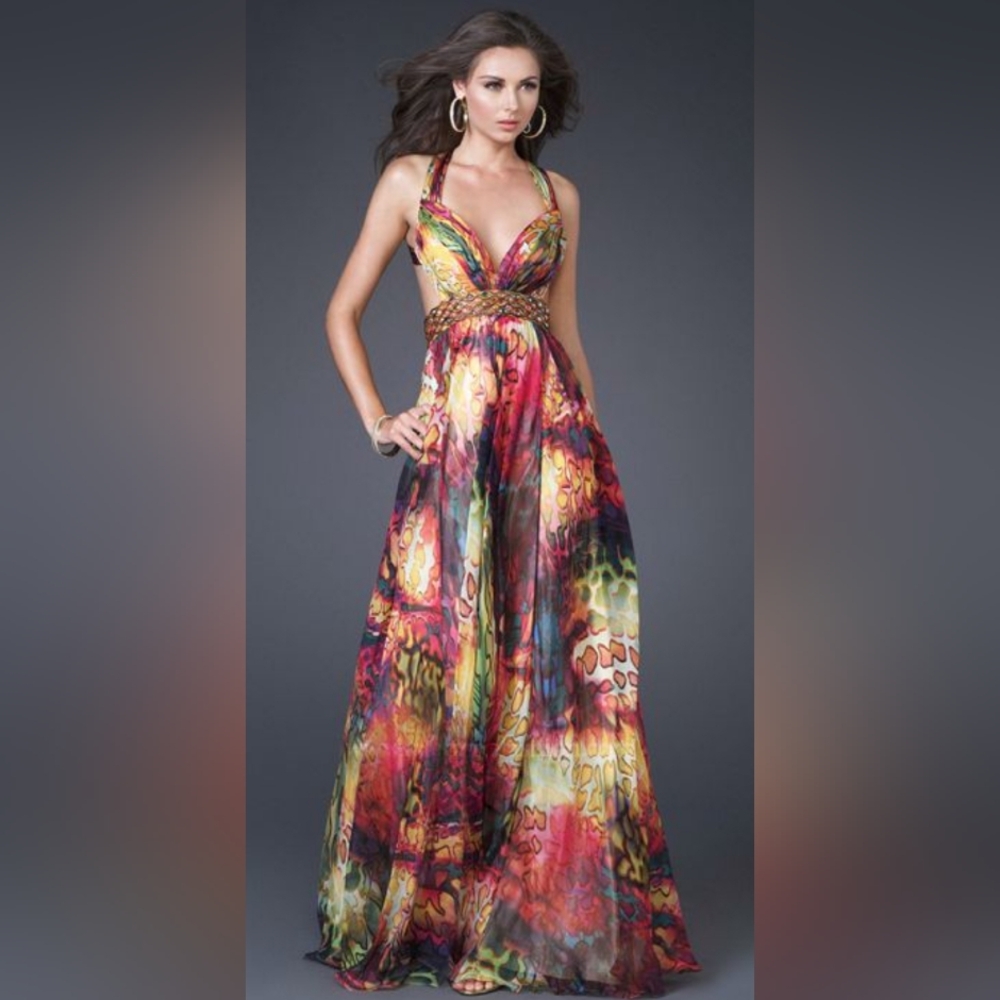 La Femme Silk Chiffon Beaded Dress Gown Colorful Animal Big Cat Print Dress  4